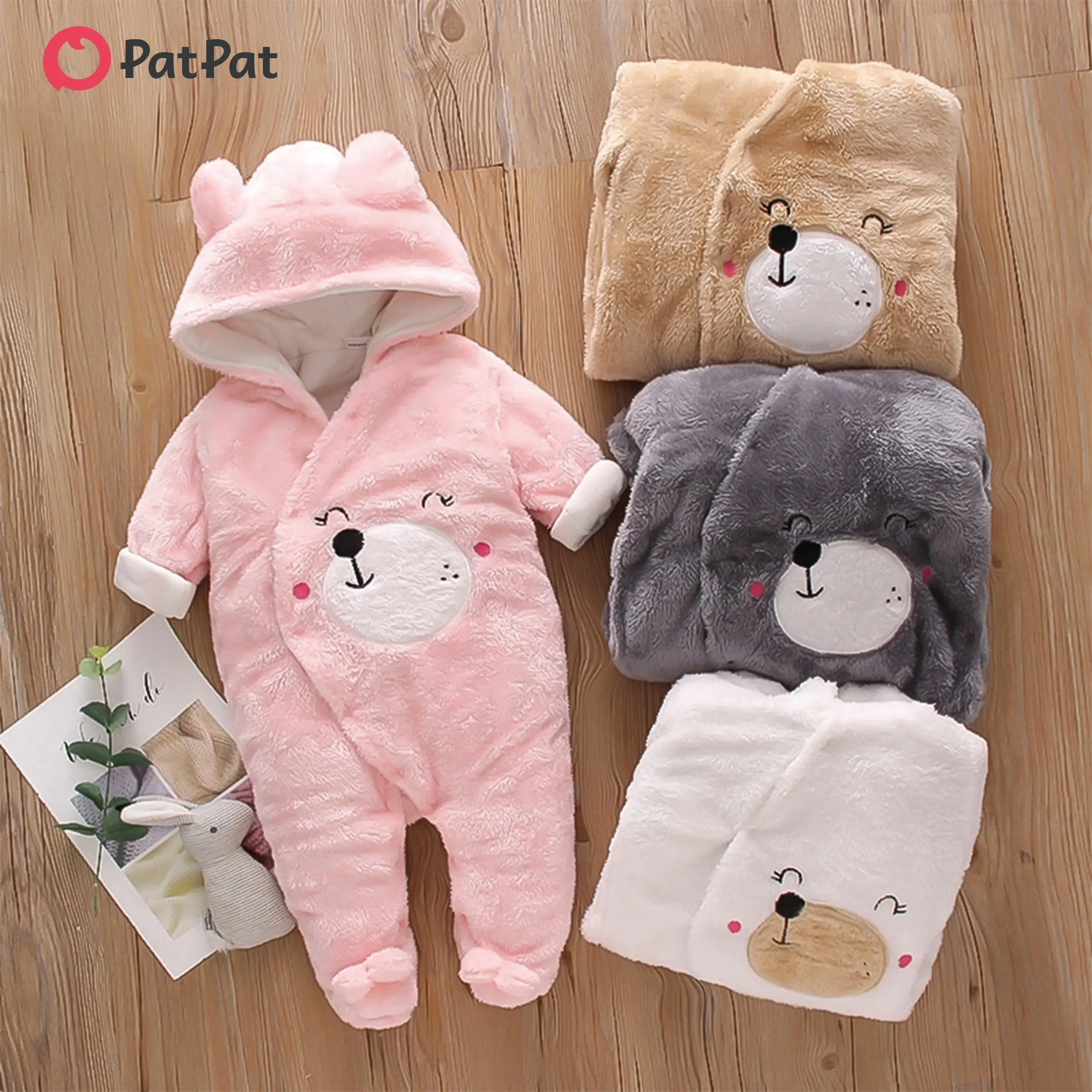 PatPat Baby Boy/Girl Bear Style 3D Bear Design Plush Hooded Footed Jumpsuit: Hyper-tactile, Soft & Cute, Winter Snuggle, Warmth & Style