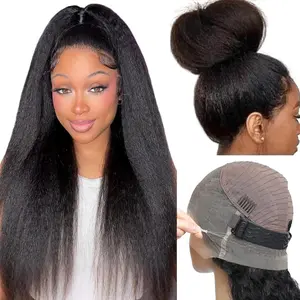 Kinky Straight Hidden Strap Invisi Drawstring 360 HD Full Lace Front Wigs Human Hair Pre Plucked Pre Cut Yaki 180 Density 360 Frontal Wigs Human Hair for Black Women #SummerVibes