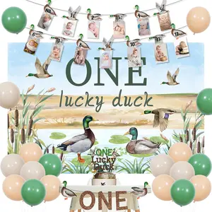 Mallard Duck 1St Birthday Decorations For 1 Year Old Boy, One Lucky Duck Theme Boy First Birthday Party Supplies With Cake Topper, Backdrop, High Chair Banner, Balloons