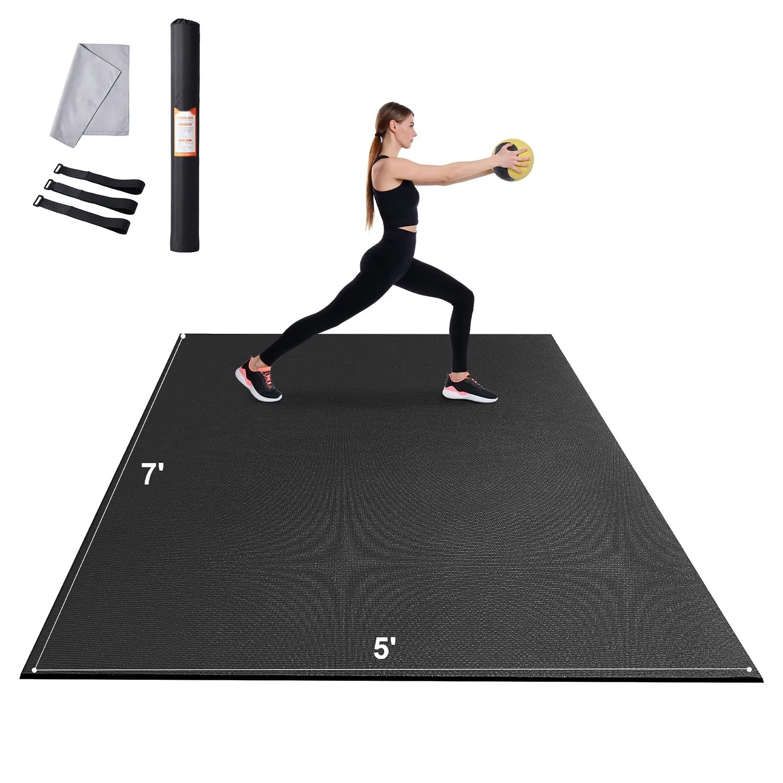 High Density Non Slip Exercise Yoga Mat, Premium Fitness Mat for Home Yoga, Pilates and Floor Workouts, Extra Thick 7x5ft with Carry Bag and Adjustable Strap for Men and Women for All Skill Levels