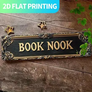 2D Flat, 1pc Vintage "BOOK NOOK" Metal Wall Sign - Black & Golden Ornate Lettering, 15.7x3.9 Inch Rustic Farmhouse Decor, Pre-Drilled Holes for Easy Hanging, Durable Aluminum Book-Themed Decoration for Home, Porch, Library - Unique Gift for Book Lovers, 2