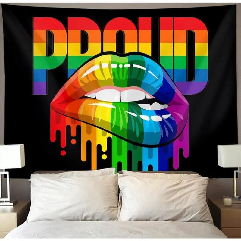Proud Party Tapestry Wall Hanging LGBT Pride Lips Black Tapestries For Lesbian Gay Bisexual Transgender Art, Large Rainbow  Poster Home Decor Accessorie For Bedroom Living Room Dorm in