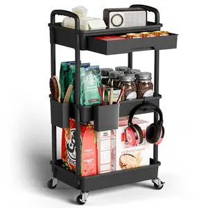 3 Tier Rolling Cart Organizer,Laundry Room Bathroom Organizers and Storage Office Shelves Mobile Shelving Unit Kitchen Trolley Cart with Wheels for Art,Craft,Diaper,Bedside,Snack(Black)