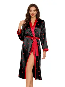 Heart Satin Long Sleepwear, Sexy Elegant Comfortable Loose Fit Robe, Holiday Gift Belted Home Wear Loungewear, Cozy Bathrobe