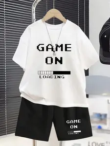 Teen Boys Game Pattern Casual Summer Short Sleeve Set, Fashion Outdoor Sports Two-Piece, Geometric Print Fitted Top and Shorts