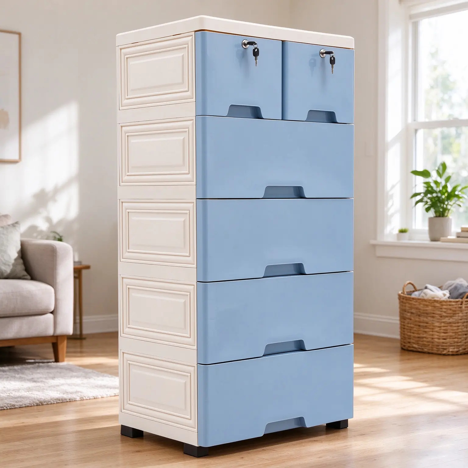 Modern PP injection-molded spray-painted storage cabinet with 6 drawers and wheels, waterproof and anti-deformation, easy to clean, available in white/blue color combinations; suitable for bedrooms, bathrooms, hallways, storing clothes, toys, and books.