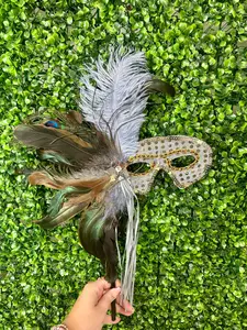 19 Inch Silver Mardi Gras Feather Mask Pick