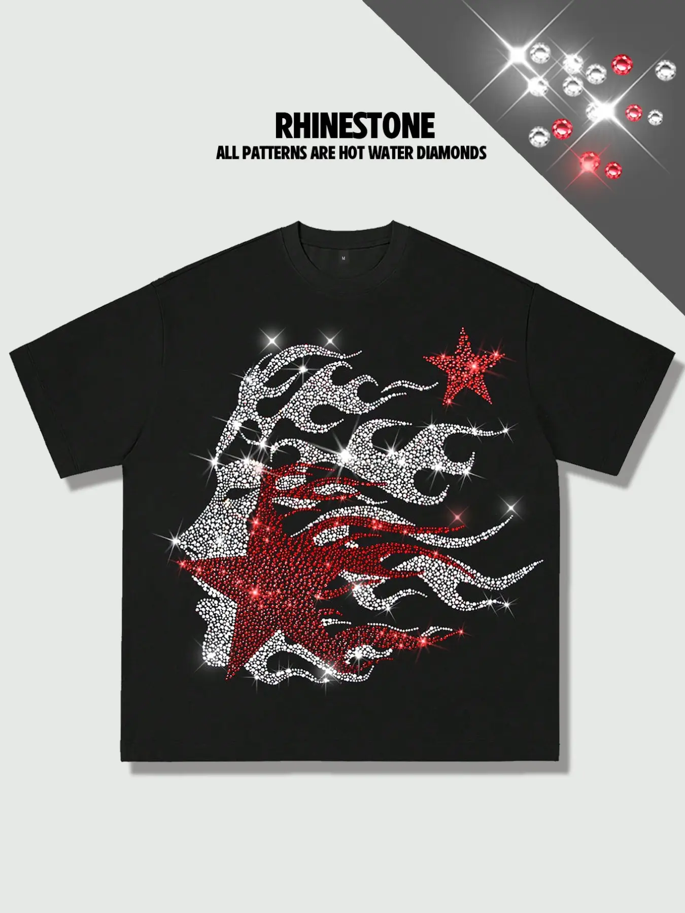 Diamond Y2K short sleeved, Long T-shirt for men, loose fit, all ironed with real diamonds, suitable for both men and women, street style, trendy, Menswear