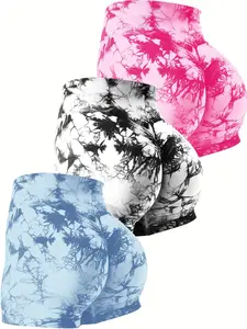 Women's 3pcs Tie Dye Print High Waist Sports Shorts, Casual Comfy Breathable Seamless High Stretch Yoga Leggings For Gym Workout Running, Ladies Summer Sportswear, Gym Clothing, Athletic Wear Shorts, Athleisure Shorts