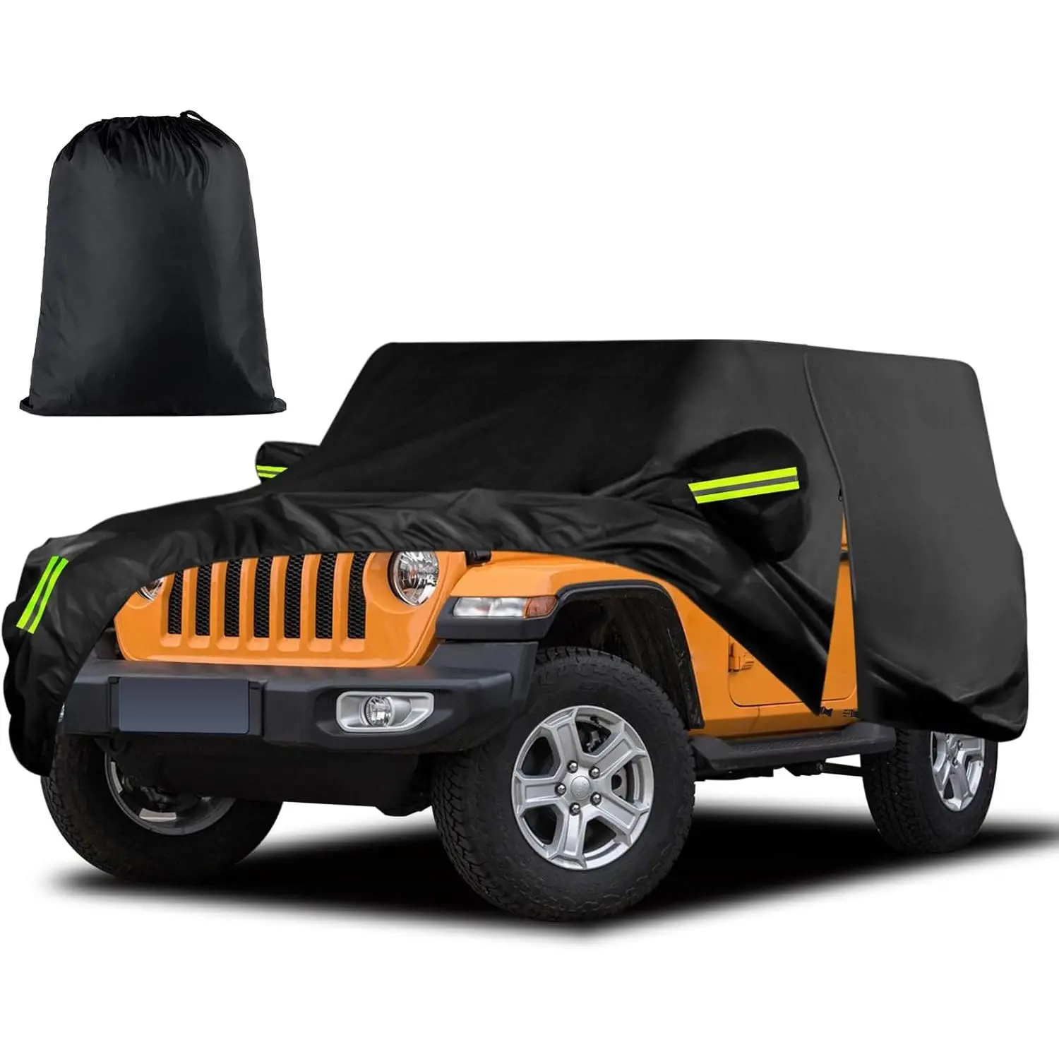 Waterproof Car Cover for Jeep Wrangler 2-Door (1987-2025 JK JL CJ YJ TJ) - All Seasons Outdoor Hail Protection, Adjustable, Double Straps, Elastic Hem, 440x190x150cm, Reflective Stripes, Driver Door Zipper, Zipper at Driver's Position