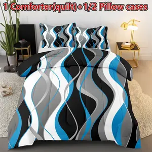 3-piece Classic Line Quilt Set (1 Quilt + 2 Pillowcases without Inserts), available in multiple sizes including Twin, Full, Queen, and King. Featuring U-shaped quilting, the quilt contains 200gsm filling, offering softness and breathability. Digitally pri