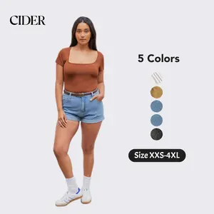 Cider Retro Denim Shorts with Brown Faux Leather Belt - Women's Casual Vintage High Street Cuffed Jean Shorts, Midi Rise Solid Cotton Blend Bottoms for Summer Vacation Daily Wear