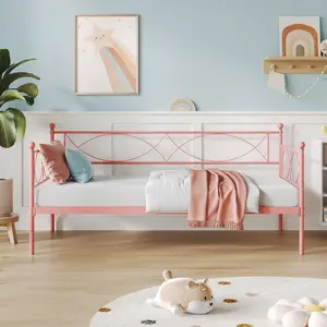 Daybed Twin Size - Metal Day Bed Trundle Bed Twin with Stylish Headboard and Premium Steel Slat Support, Multifunctional Twin Daybed Trundle Bed Frame for Bedroom, Living Room, Guest Room, Pink