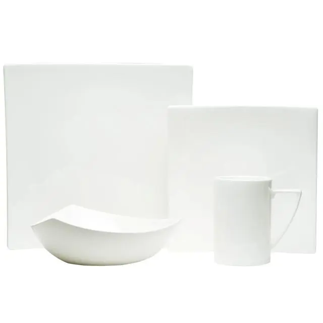 212 MAIN Extreme White 16-Piece Contemporary Square Tableware Dinner Set - Understated Simplicity, Includes 22oz Mugs, Plates, Bowls, Oven-Safe for Everyday Kitchen Use