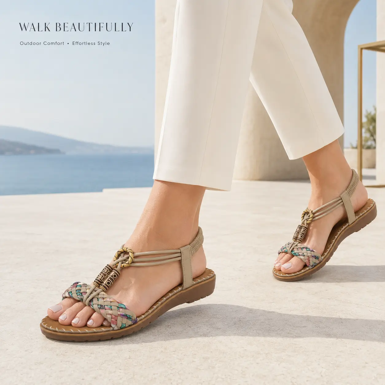 2026 Women’s Outdoor Walking Wedge Sandals – Braided Sport Sandals with Elastic Ankle Strap and Arch Support for Summer Travel