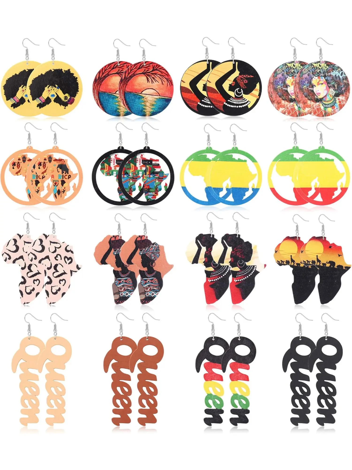 16 Pairs African Wood Drop Earrings for Women Round Lightweight Statement Dangle Earrings African Map Ethnic Style Earrings Circle Shape Earrings Dangle Earrings Set