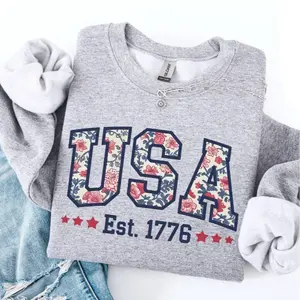 USA Floral Sweatshirt - 4th of July Sweatshirt, Varsity Style Patriotic USA Crewneck, Cozy Gift for Independence Day, Memorial Day Shirt