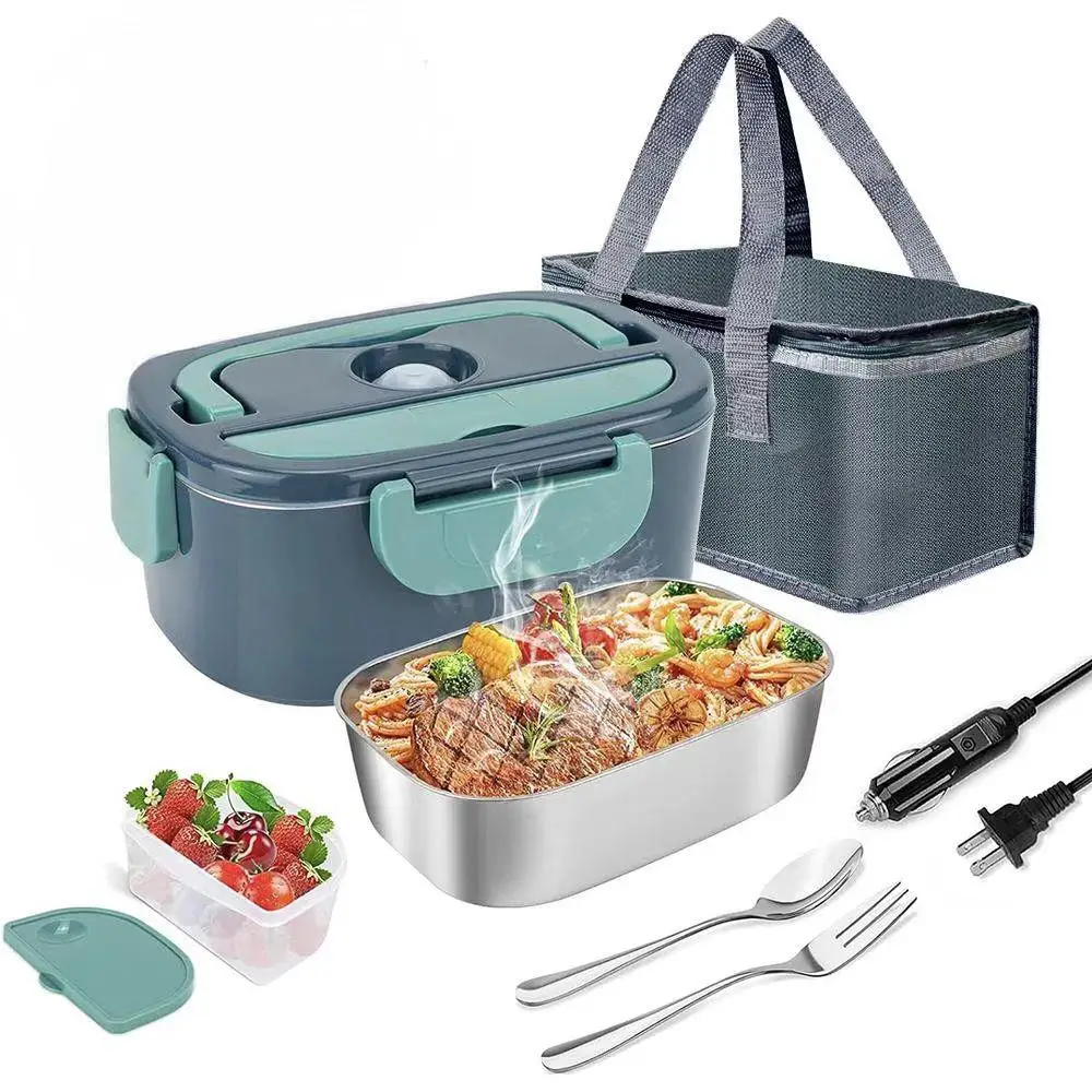 60W Electric Lunch Box, Portable 3-in-1 Food Warmer Box with Fork & Spoon & Insulated Carry Bag, Fast Heating Lunch Box for Car, Truck & Office