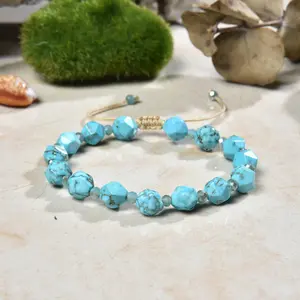 Hand Beaded Star-cut Natural Magnesite Turquoise and Crystal  Pull String Adjustable Shamballa Bracelet 6-9" Long. Chakra Stone Bracelet.