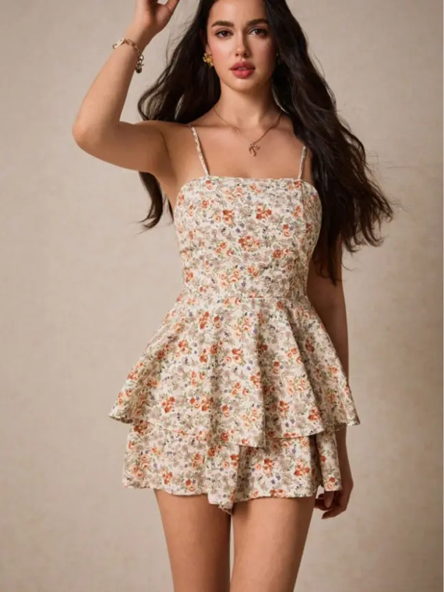 Allover Floral Print Tie Backless Layered Hem Cami Romper Tea Party Attire Wedding Women Romperswomen Rompers Ruffle Skirt Rompers