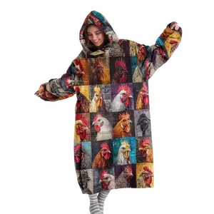 hoodie blanket，Wearable Blanket，Hooded Blanket Wearable Throw, Farm Patchwork Rooster Print Hoodie Blanket, Soft Warm Flannel Blanket for Sofa Home Leisure Air Conditioning Nap Office Bed Camping Travel Gift，Christmas Gift,Valentine's Day gift