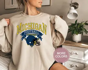 Michigan Football Sweatshirt, Vintage Michigan Crewneck, Retro Michigan Sweatshirt, Michigan Varsity Sweatshirt, Michigan Long Sleeve Casual Comfort Cotton Fabric Fit Womenswear Comfy Hoodie Medium Polyester
