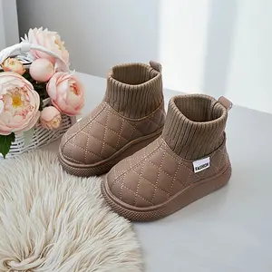 Kids' 3-8Y Snow Boots Slip-On with Plush Fleece Lining, Thick PU Upper & Rubber Sole - Warm Winter Shoes for Boys & Girls, Beige//Black, Easy-Clean Outdoor/Indoor Casual Wear, Comfortable Mid-Calf Design (No Zippers/Ties)