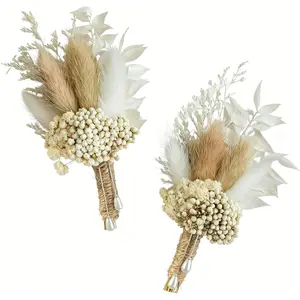 Dried Flowers Boutonnieres Set of 2 for Men Boho Fall Wedding Grooms Buttonhole Rustic Best Man Pampas Grass Dry Flower Decoration (Beige)