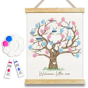 Gender Reveal Fingerprint Tree Canvas Guest Book, Ideal for Baby Shower Decorations, Gender Reveal Party Decor, Creative Gift Idea, Baby Shower Party Supplies Thumbprint Hanging Painting 12x15in