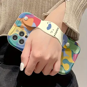 Colorful Blue Heart Pattern Phone Case Suitable for iphone 17 Promax 16 15 14 13 12 11 Cream Pattern Wristband