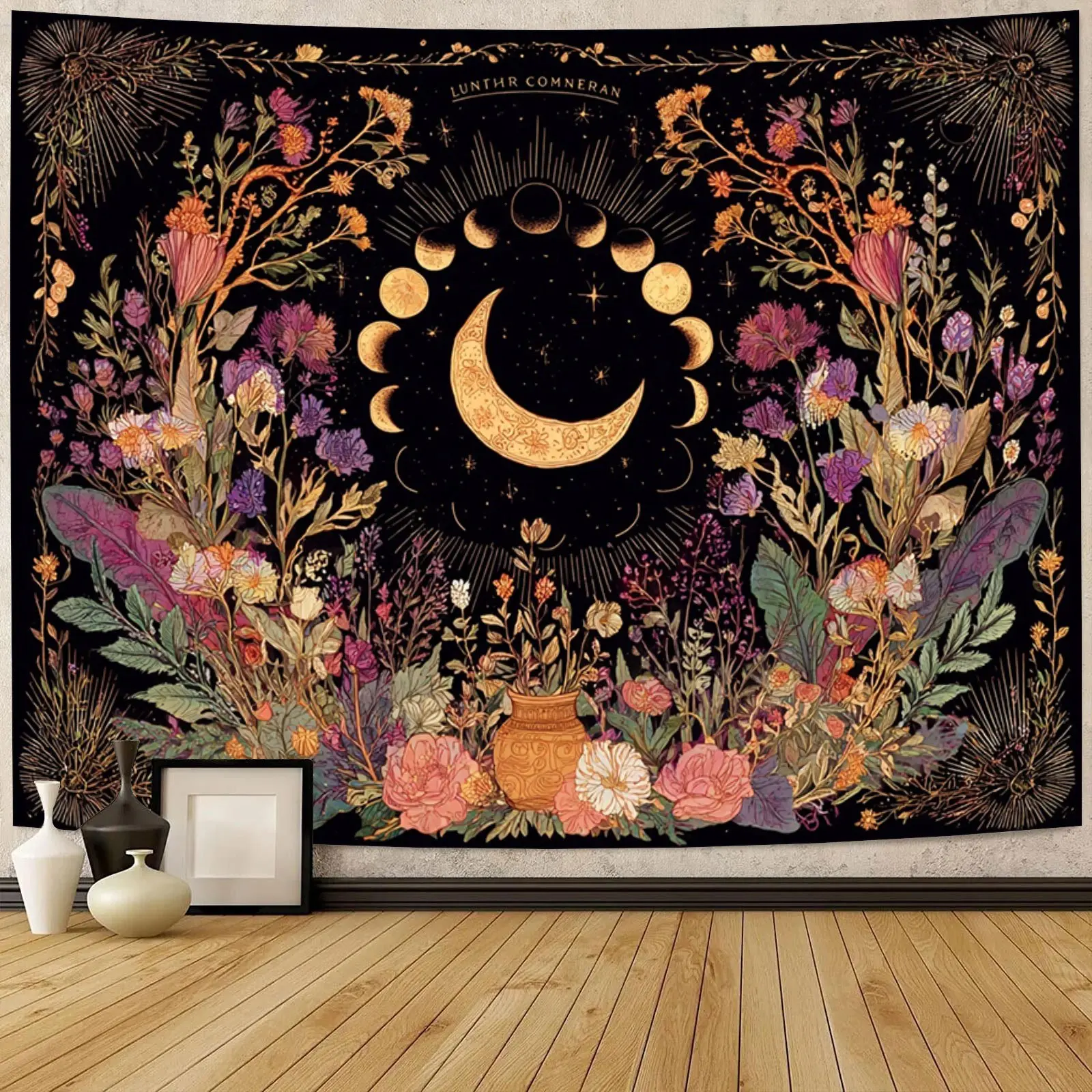 Bohemian Synthetic Polyester Hangable Tapestry Wall Hanging - Sun Moon Theme, Flower Motif, Vintage Room Art, Versatile Home Decor for People's Bedroom, Living Room