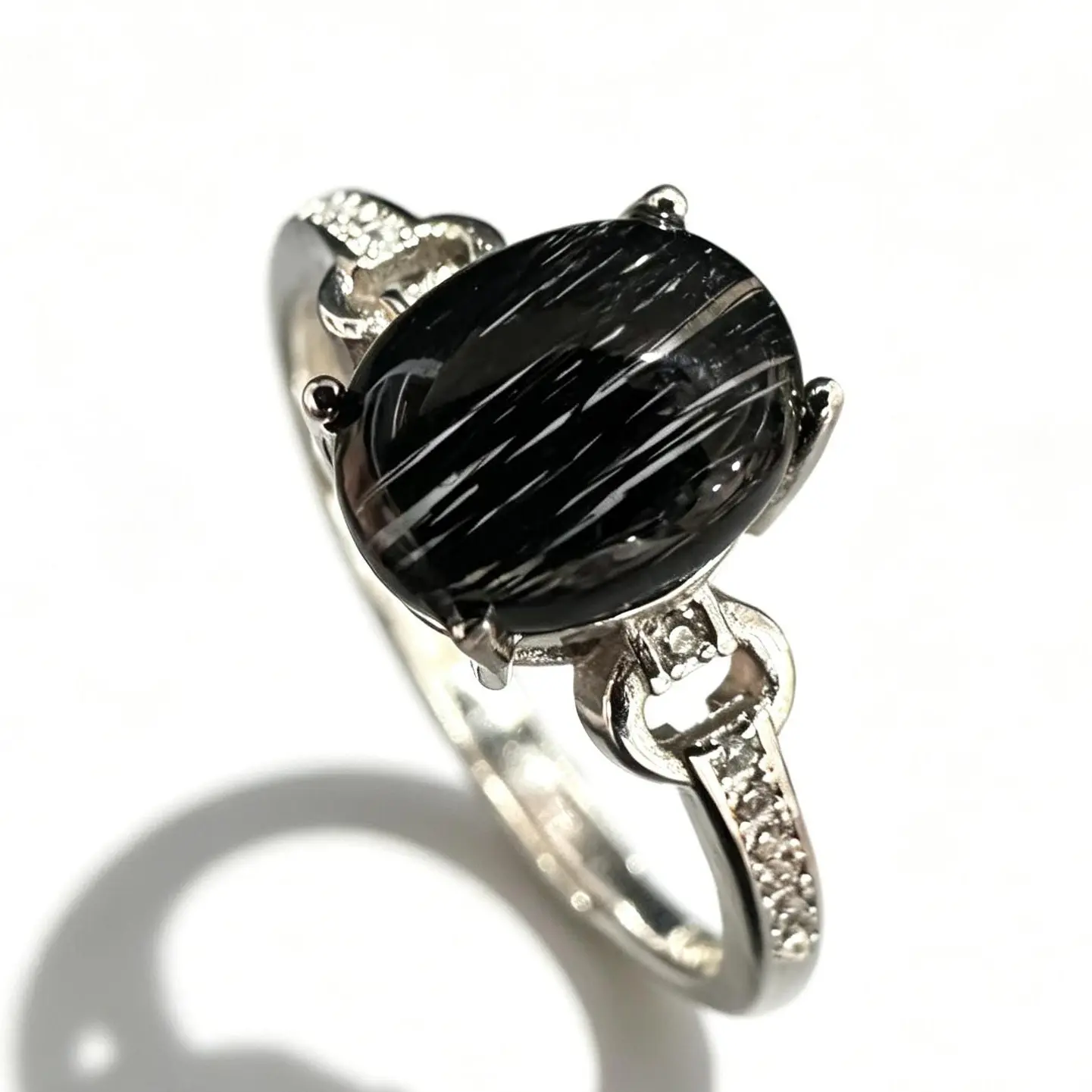 Unisex 925 Silver Minimalist Adjustable Ring with Natural Black Rutilated Quartz, Sleek Grounding Jewelry for Adults, Protection Crystal Accessory, 10×8Mm