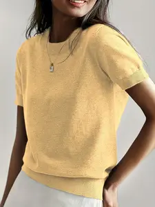 2026 Women's Short Sleeve Knit Top, Lightweight Breathable Crew Neck Sweater Tee, Casual Summer Pullover, Loose-Fitting, All Seasons