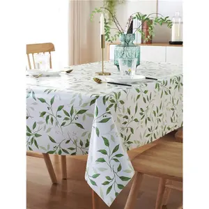 Green Leaves tablecloth, white botanical vine table cover, elegant leaf pattern rectangular tablecloth for dining room, waterproof white and green leaf tablecloth, rectangular dining table cover with botanical vine pattern for home kitchen party decor