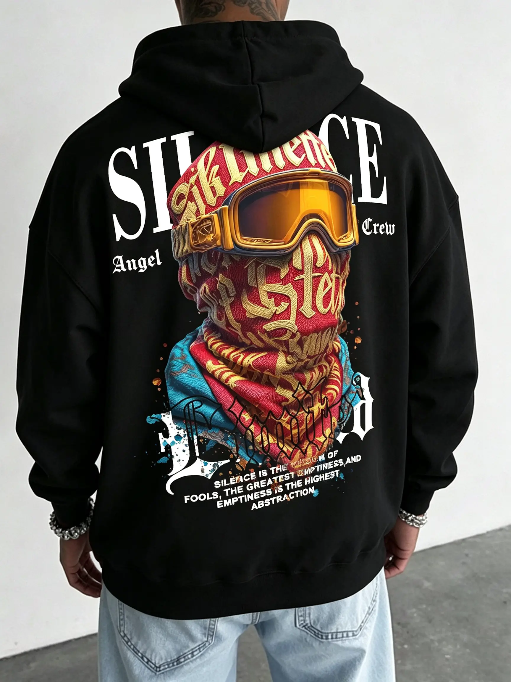 Men’s plus-size sweatshirt & hoodie, crewneck/hood optional, pullover with back print featuring a colorful ski mask graphic and gothic lettering, vintage hip hop streetwear loose casual top, “Silence” quote outfit, back-to-school season fashion clothes