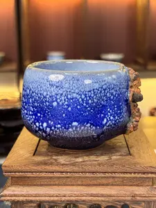 Handcrafted 3D Relief Blue Glaze Tea Cup Jun Kiln Speckled Texture Chinese Kung Fu Ceramic Teacup with Unique Design