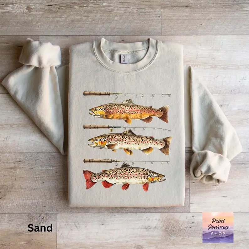 Vintage Trout Sweatshirt, Fishing Rods Angling Crewneck, Fly Fisherman Gift, Trout Crewneck, Graphic Sweatshirt, Nature Lover