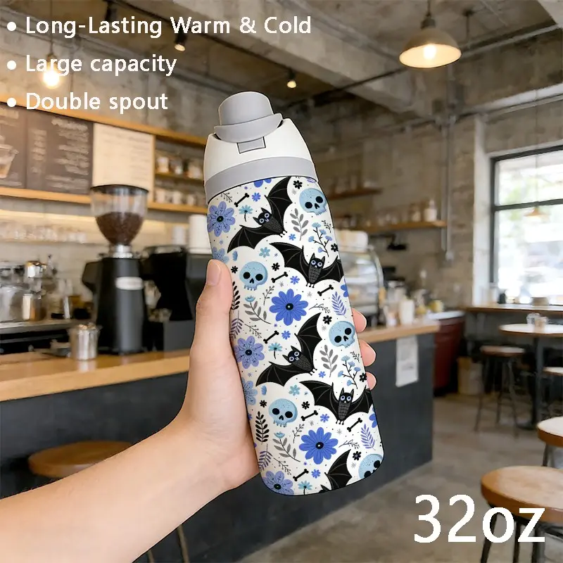 32oz Dual Drink Sports Water Bottle, Dark Floral Bat Pattern, Stainless Steel Vacuum Insulated Water Bottles Double Wall Tumbler with Lid, Perfect Gift for Women and Family, Insulated Drinkware