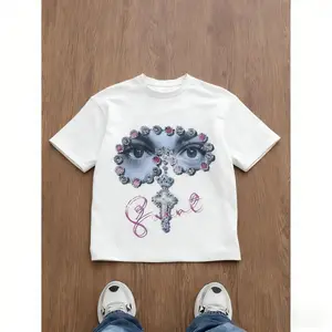 180g[100%cotton]Men's Loose Fit Graphic Print T-Shirt, Y2K Style, Gem Embellished Eye Cross Pattern, All-Season Casual Wear, Unisex Street Fashion Streetwear