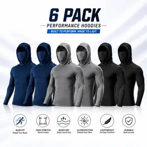 6 Pack Men UPF Sun Protection Compression Hooded Shirts, Quick Dry Breathable Long Sleeve Athletic Tops with Attached Face Mask, Lightweight Cooling Performance Activewear for Fishing Construction Outdoor Work