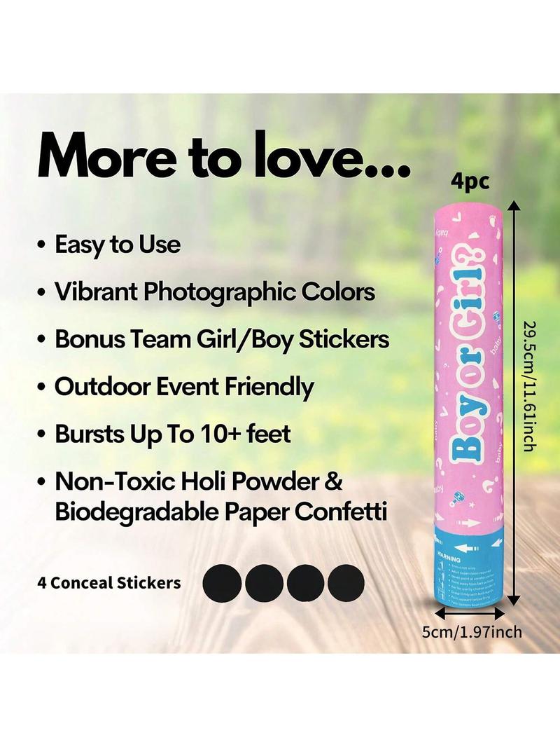Gender Reveal Confetti Powder Cannon 4pcs, Safe Powder Smoke, Boy Blue and Girl Pink Gender Reveal Poppers - He or She Smoke Bomb Baby Shower Baby Party Decorations Supplies Sticks