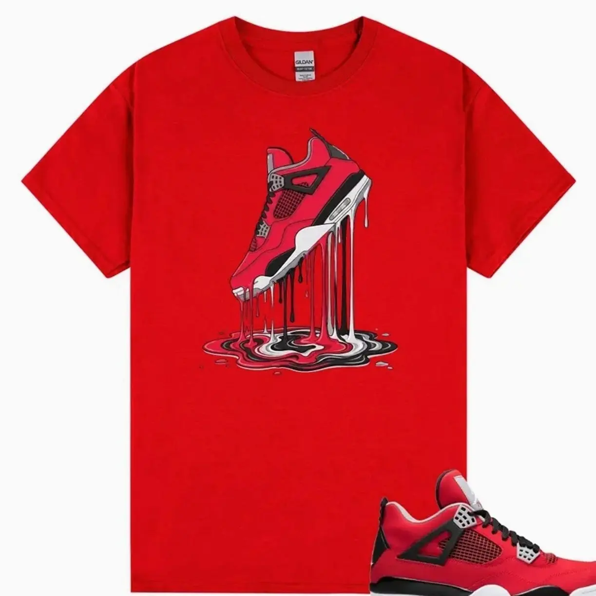 Dripping Shoe Shirt to Match AJ 4 Retro Toro Bravo 2026 \u2013 AJ4 Fire Red Black Cement Grey White Matching Graphic Tee \u2013 Toro Bravo 4s Shirt