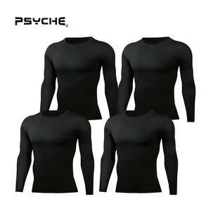 PSYCHE 4-Pack Men's Compression Shirt Long Sleeve Workout Gym T-Shirt Running Top Cool Dry Sports Base Layer Undershirt, Sweat-Wicking Ultra-Breathable Muscle Support