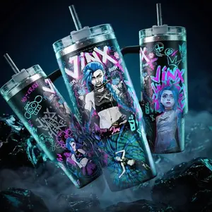 Arcane Jinx LeagueO Legends LOL TFT 40 oz Vacuum Insulated Tumbler with Handle & Straw Blue Hair Graffiti Graphic Keeps Drinks Hot/Cold 12H+ 18/8 Stainless Steel Travel Mug for Gamers & Anime Fans Dark Aesthetic Merch Gift