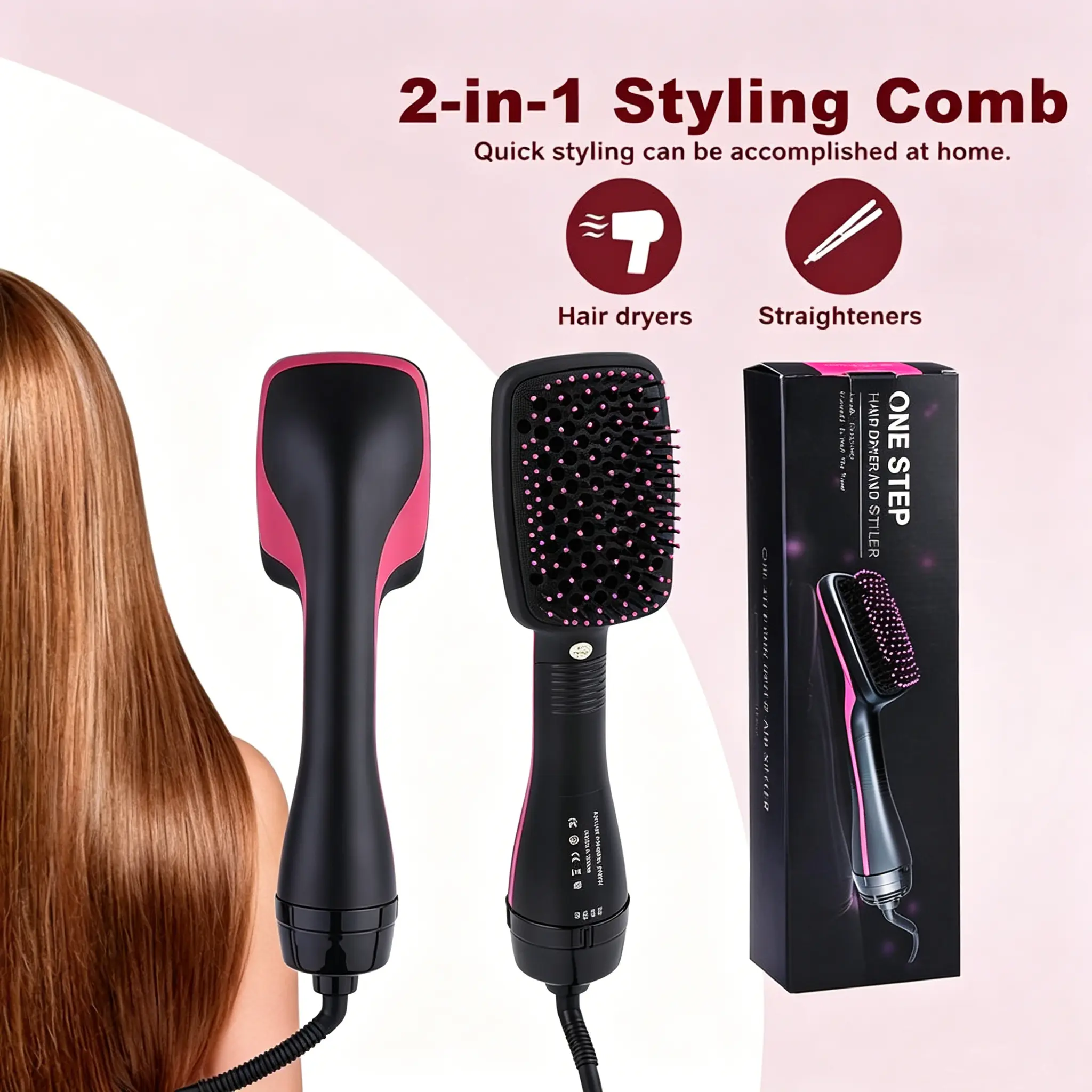 2 in 1 Hair Dryer Brush & Straightener Brush, Hair Dryer and Styler, Negative Ion Blow Dryer Brush, Hot Air Brush Detangles, Dries, Smooths, Reduce Frizz & Static