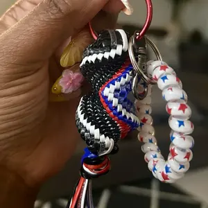 Boondoggle Bag Charm Keychain with Phone Cord Wristlet - Red, White, Blue, Black Colors