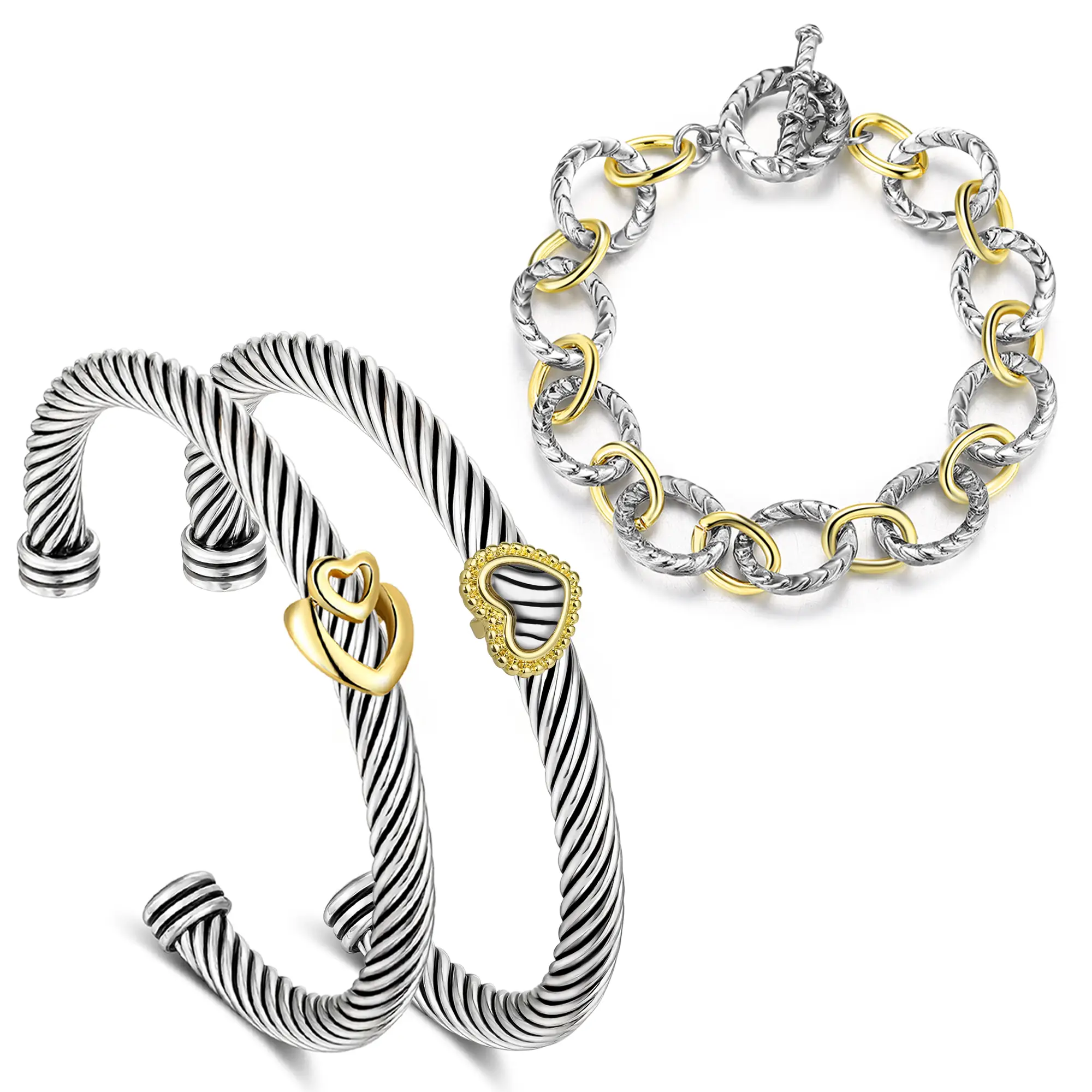 Mytys Cuff Link Bracelet for Women Cable Wire Bracelet Stack Two Tone Twisted Circles Chain Bangle Cuff Knot Vintage Bracelets Set Jewelry Fashion