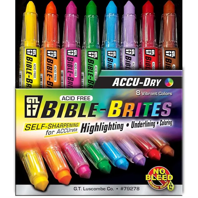 Accu-Dry Bible-Brites Self-Sharpening Journaling Highlighters Set - 8 Multicolor Twist-Action No-Bleed
