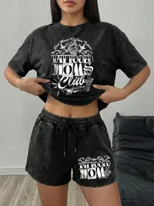 Women's Casual Two-Piece Set, Washed Short Sleeve Fitted Shorts with Mom Club Print, Vintage Street Fashion, Perfect for Holidays and Travel