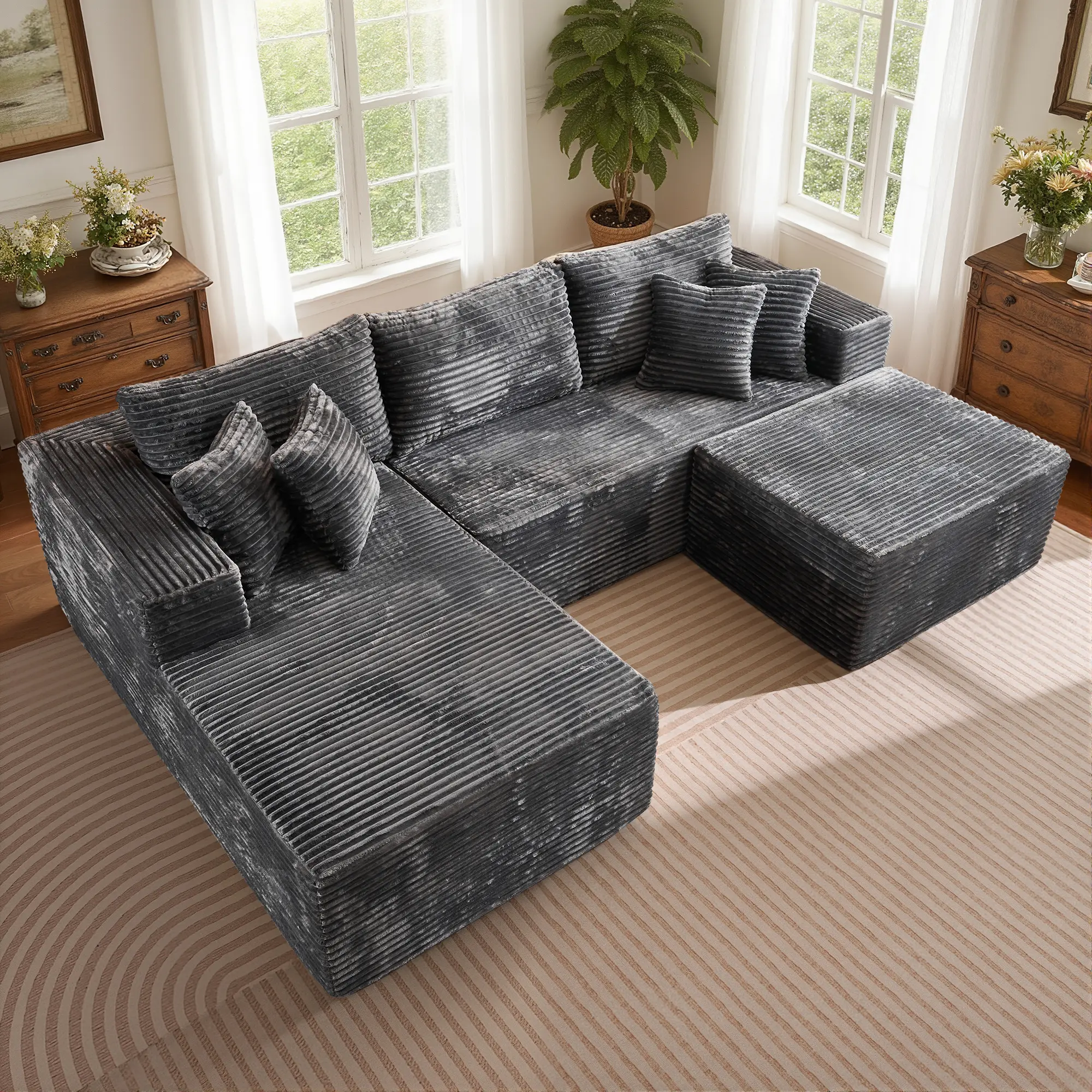 Grey Plush Corduroy Left Chaise